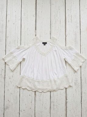 RAIN White Lace Cold Shoulder Blouse 2X Boho Floral Crochet Bell Sleeve Top